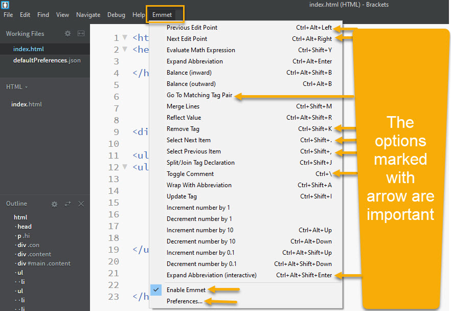 Brackets emmet — TutorialBrain