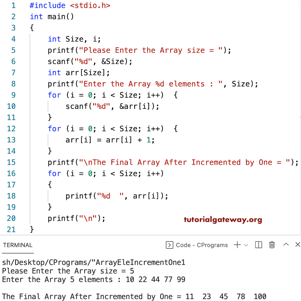 C Program to Increment All Elements of an Array by One