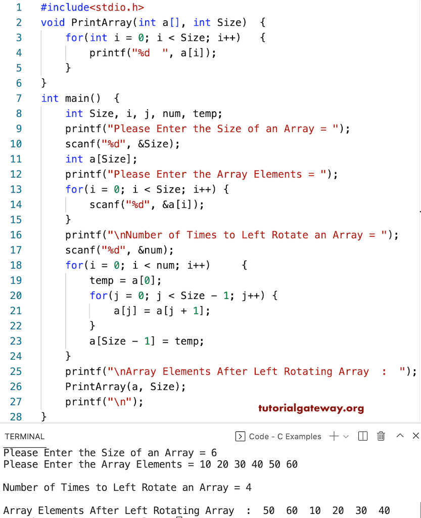 C Program to Left Rotate Array Items