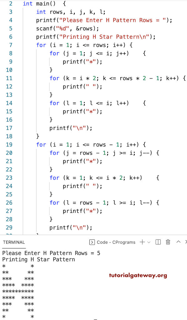C Program to Print H Star Pattern