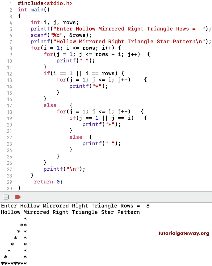 C Program to Print Hollow Mirrored Right Triangle Star Pattern