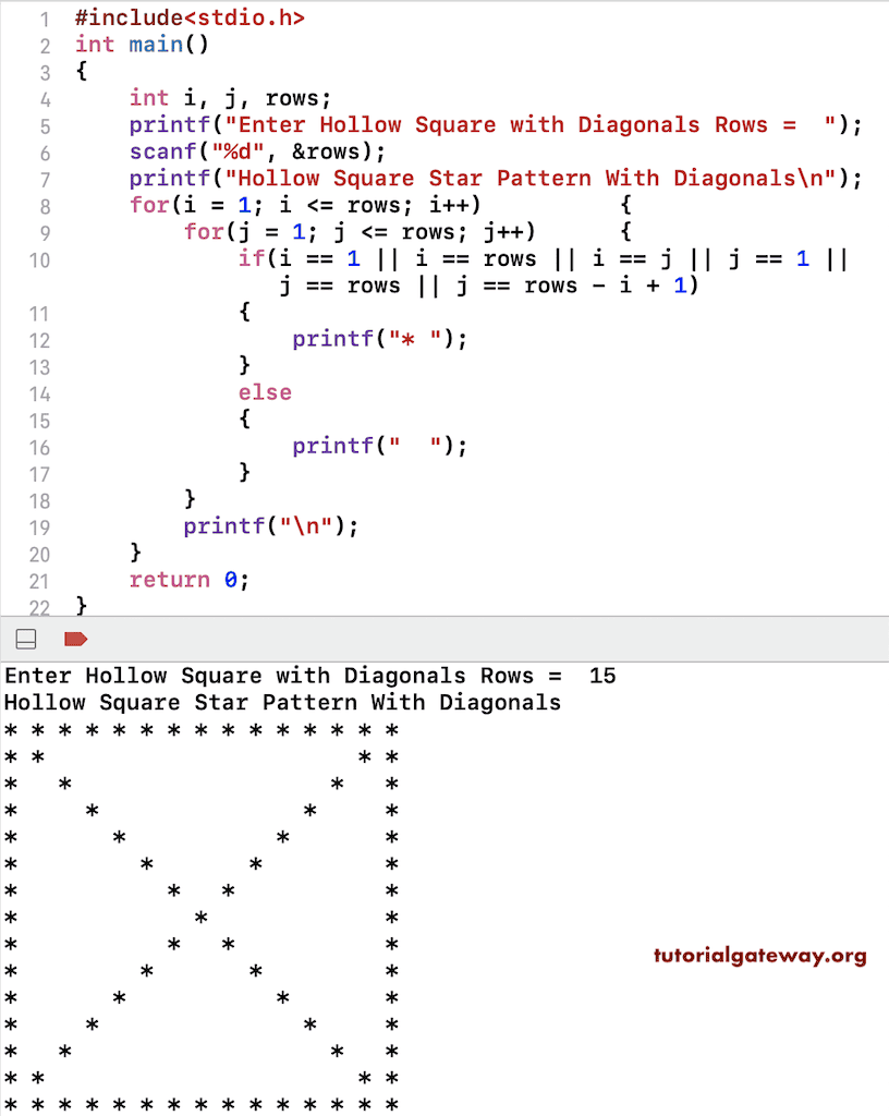 C Program to Print Hollow Square Pattern With Diagonals