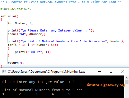 C Program to Print Natural Numbers from 1 to N