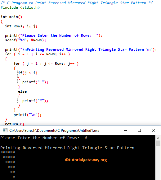 C Program to Print Reversed Mirrored Right Triangle