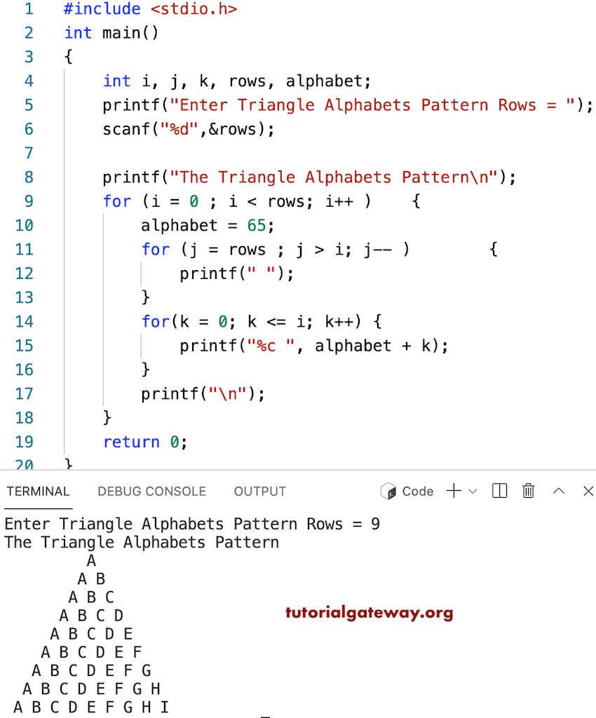 C Program to Print Triangle Alphabets Pattern