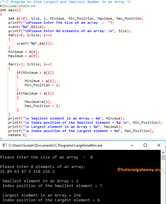 C Program to find Largest and Smallest Number in an Array