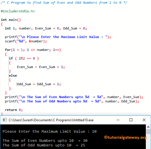 C Program to find Sum of Even and Odd Numbers from 1 to N