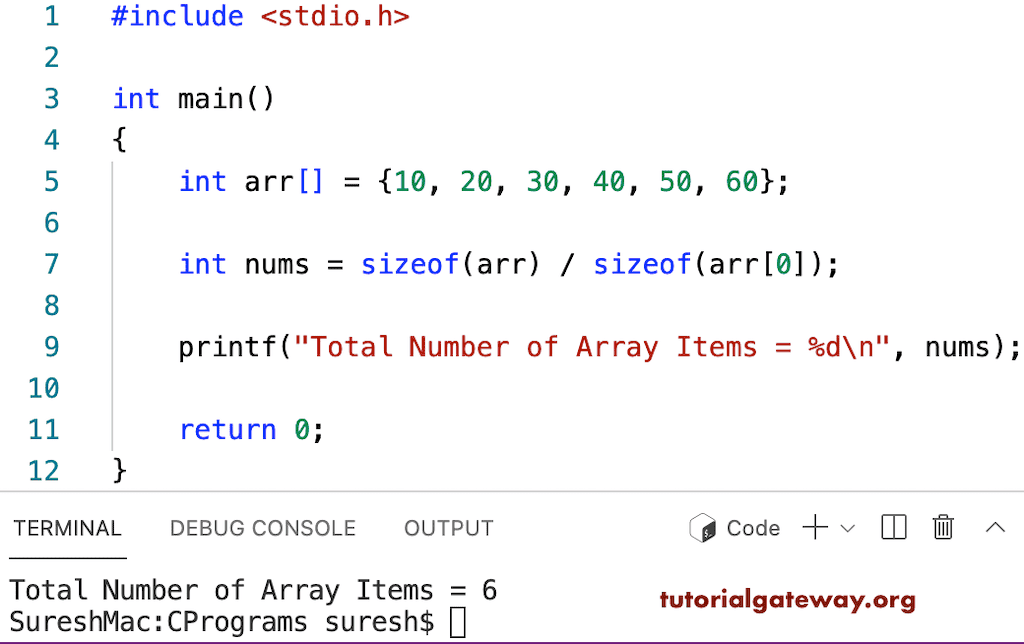 C Program to find the Number of Elements in an Array
