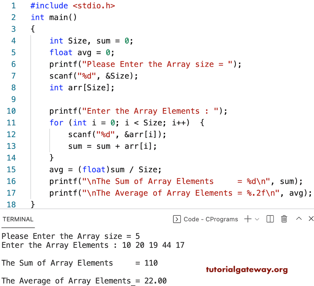 C program to Calculate Average of an Array