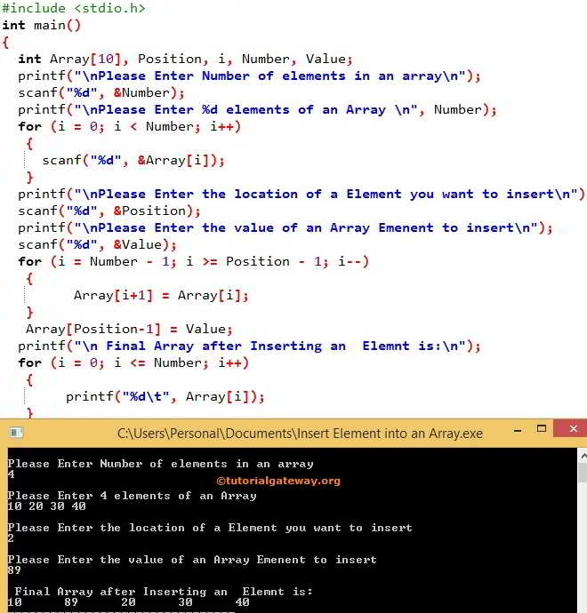 C Program to insert an Element in an Array