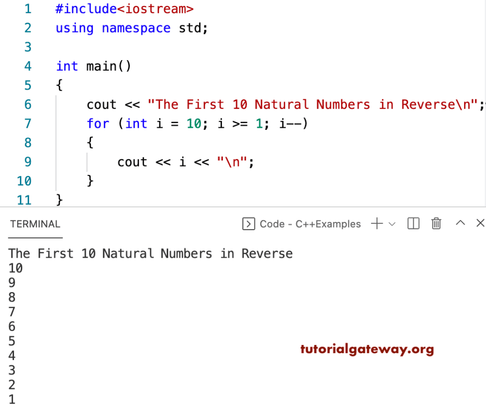 C++ Program to Print First 10 Natural Numbers in Reverse
