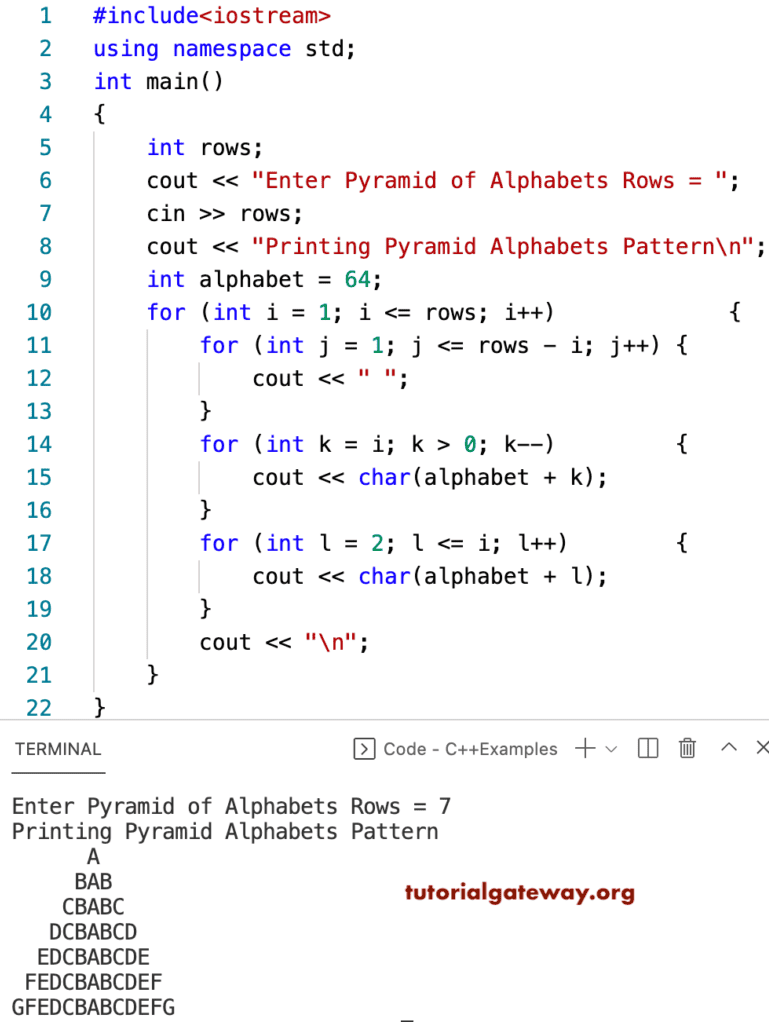 C++ Program to Print Pyramid Alphabets Pattern