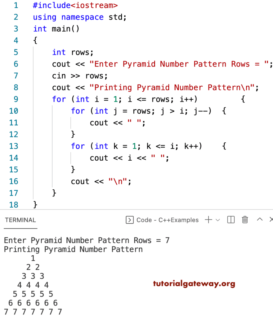 C++ Program to Print Pyramid Numbers Pattern