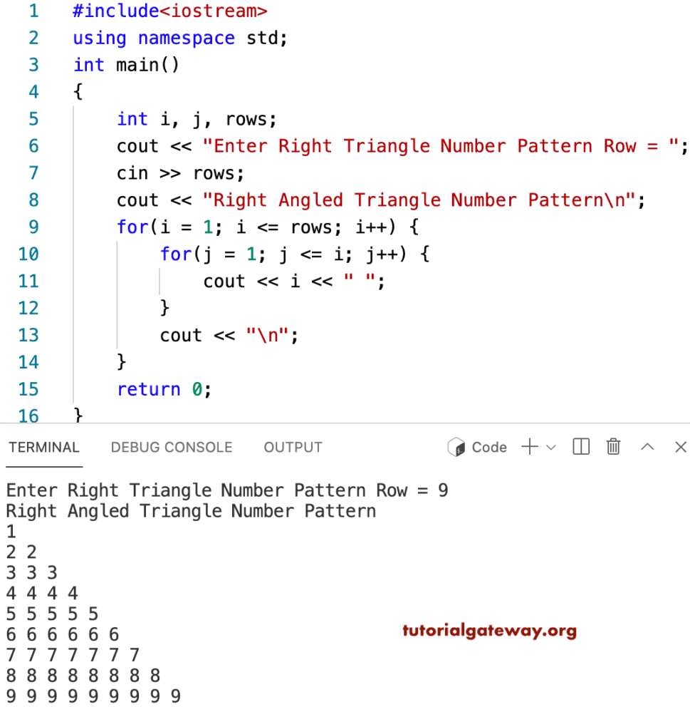 C++ Program to Print Right Triangle Number Pattern