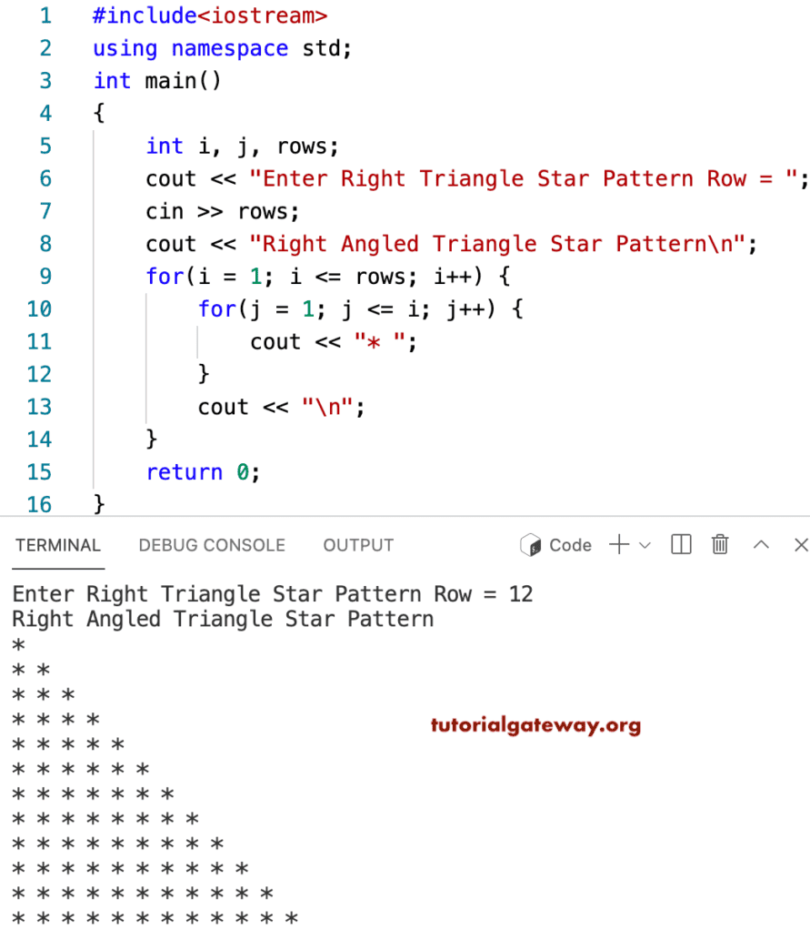C++ Program to Print Right Triangle Star Pattern