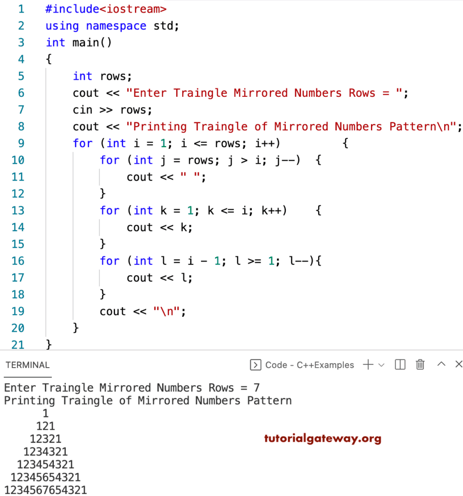 C++ Program to Print Triangle of Mirrored Numbers Pattern