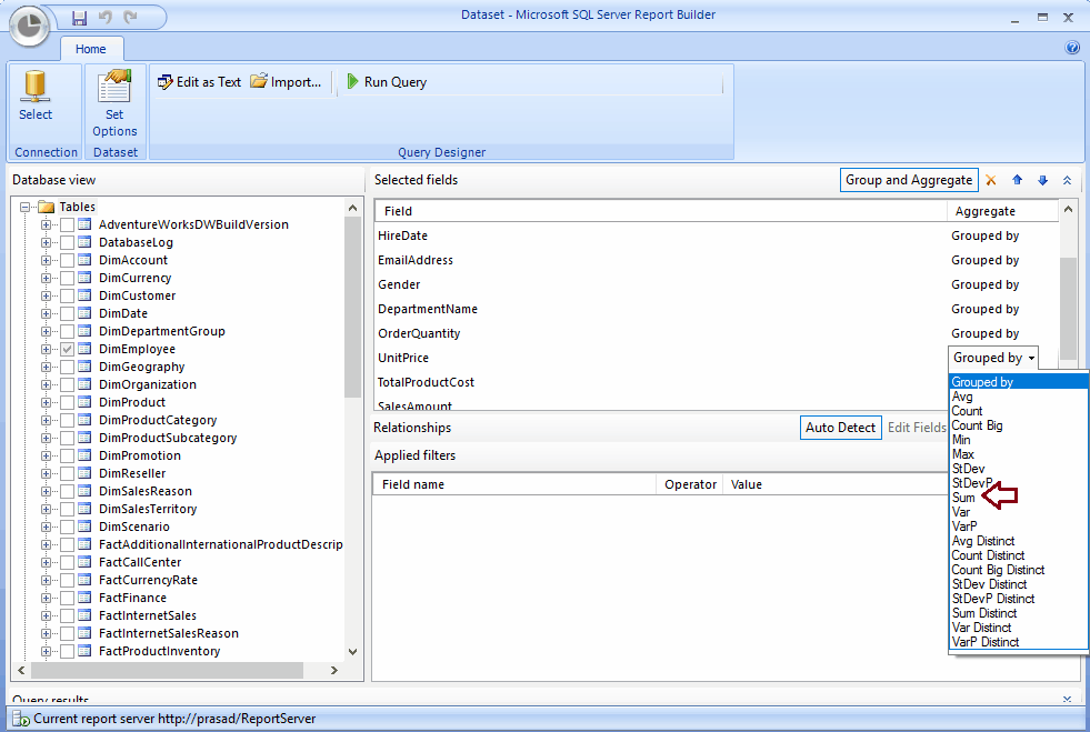 Create a New Dataset using SSRS Report Builder Wizard