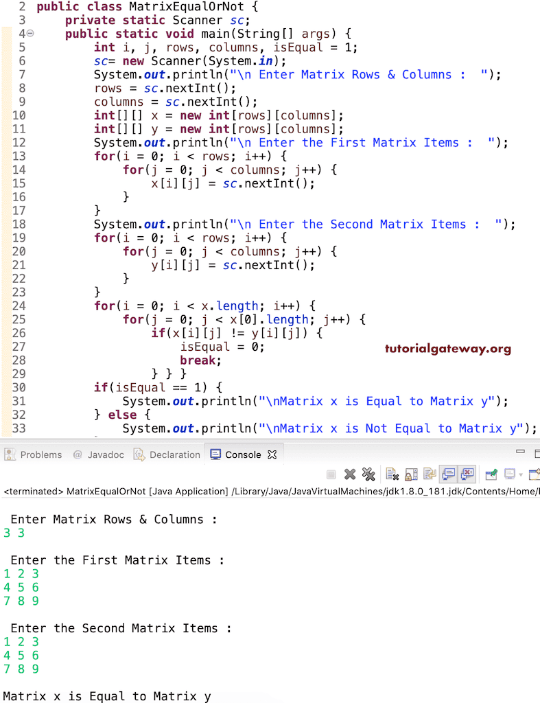 Java Program to Check Two Matrices are Equal