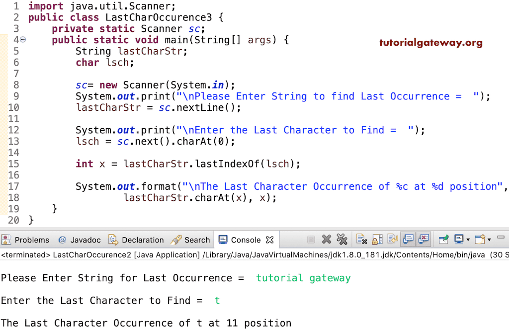 Java Program to Find Last Character Occurrence in a String