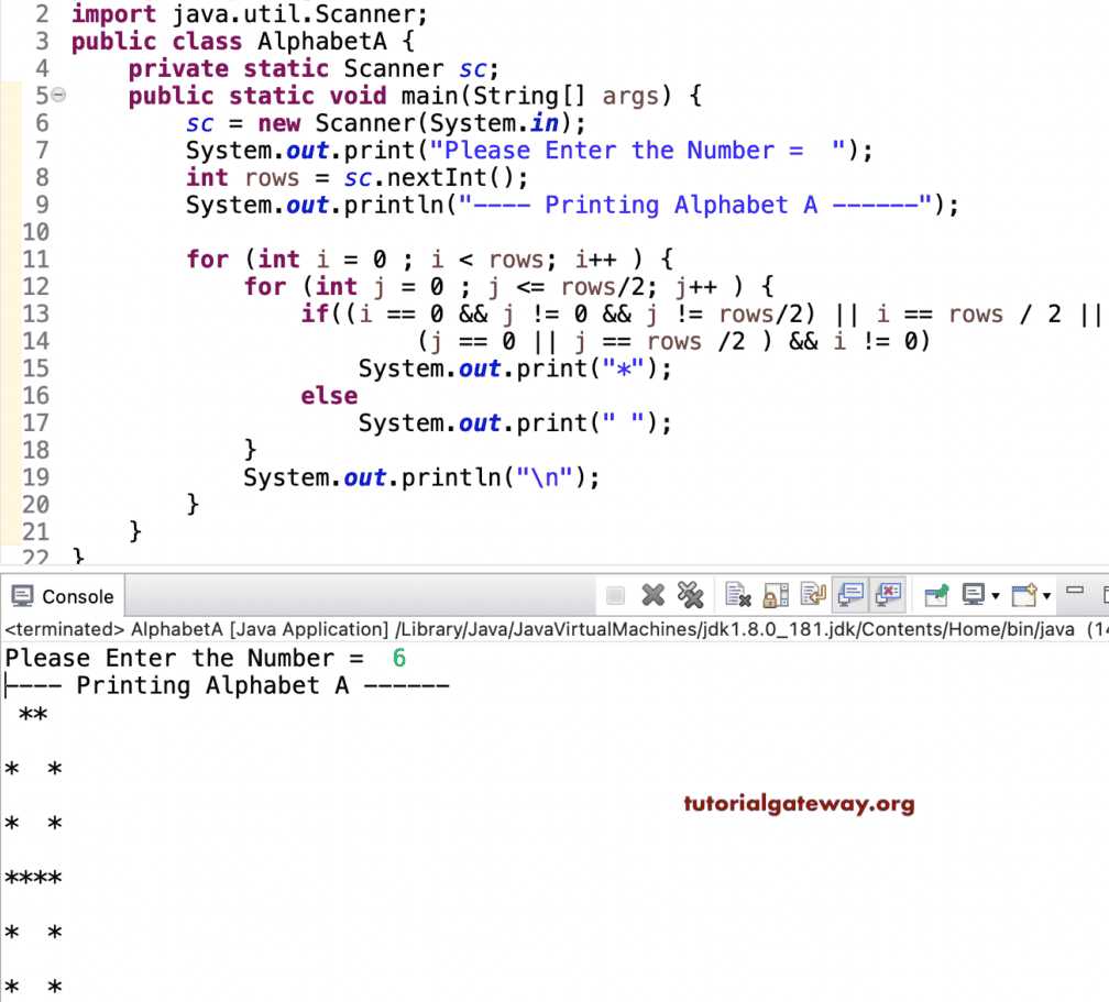 Java Program to Print Alphabet A using stars
