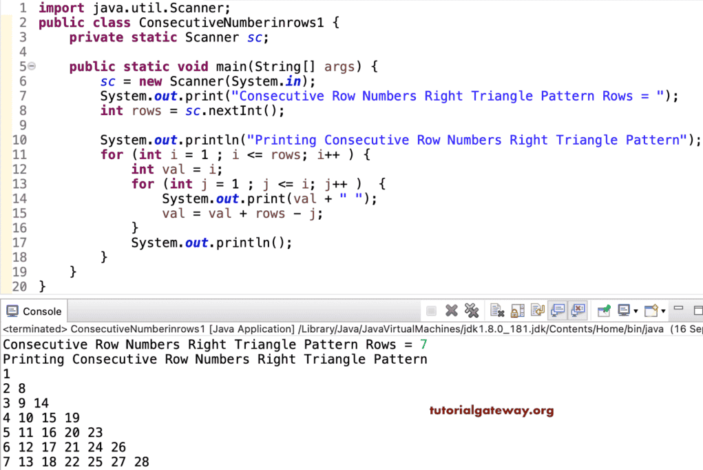 Java Program to Print Consecutive Numbers Right Triangle Rows