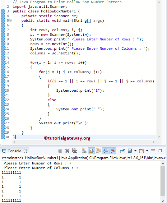 Java Program to Print Hollow Box Number Pattern