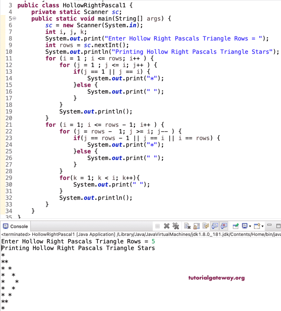 Java Program to Print Hollow Right Pascals Star Triangle