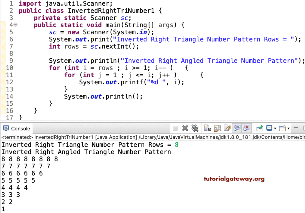 Java Program to Print Inverted Right Triangle Number Pattern
