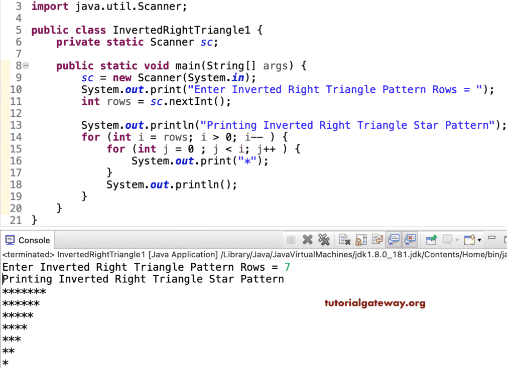 Java Program to Print Inverted Right Triangle Star Pattern