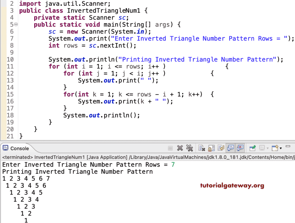 Java Program to Print Inverted Triangle Numbers Pattern