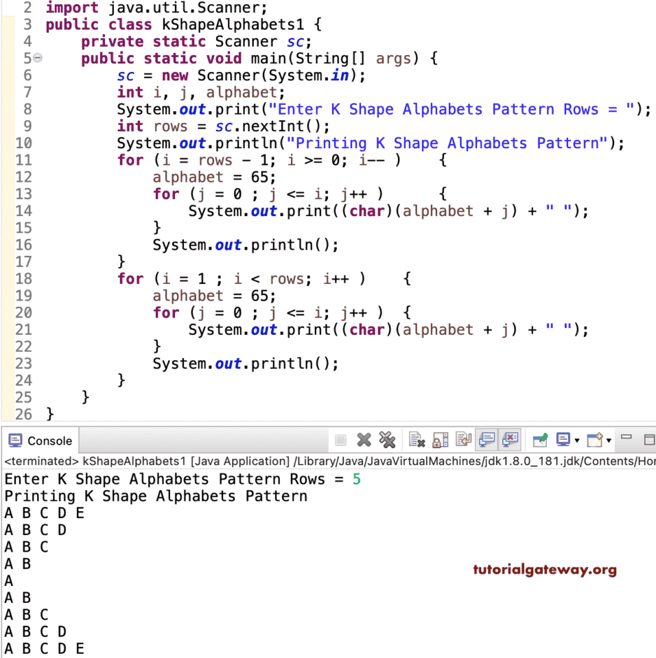 Java Program to Print K Shape Alphabets Pattern