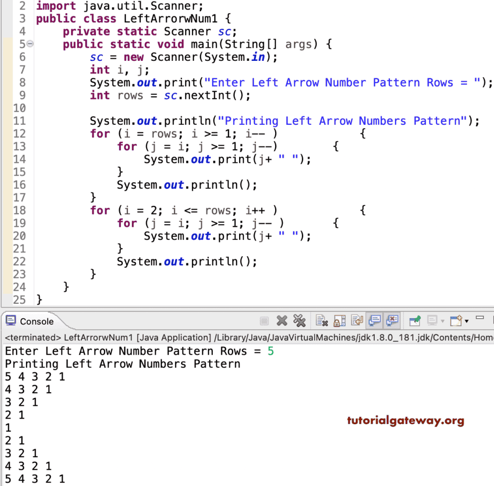 Java Program to Print Left Arrow Numbers Pattern