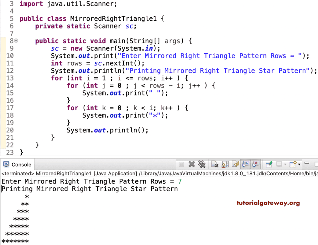 Java Program to Print Mirrored Right Triangle Star Pattern