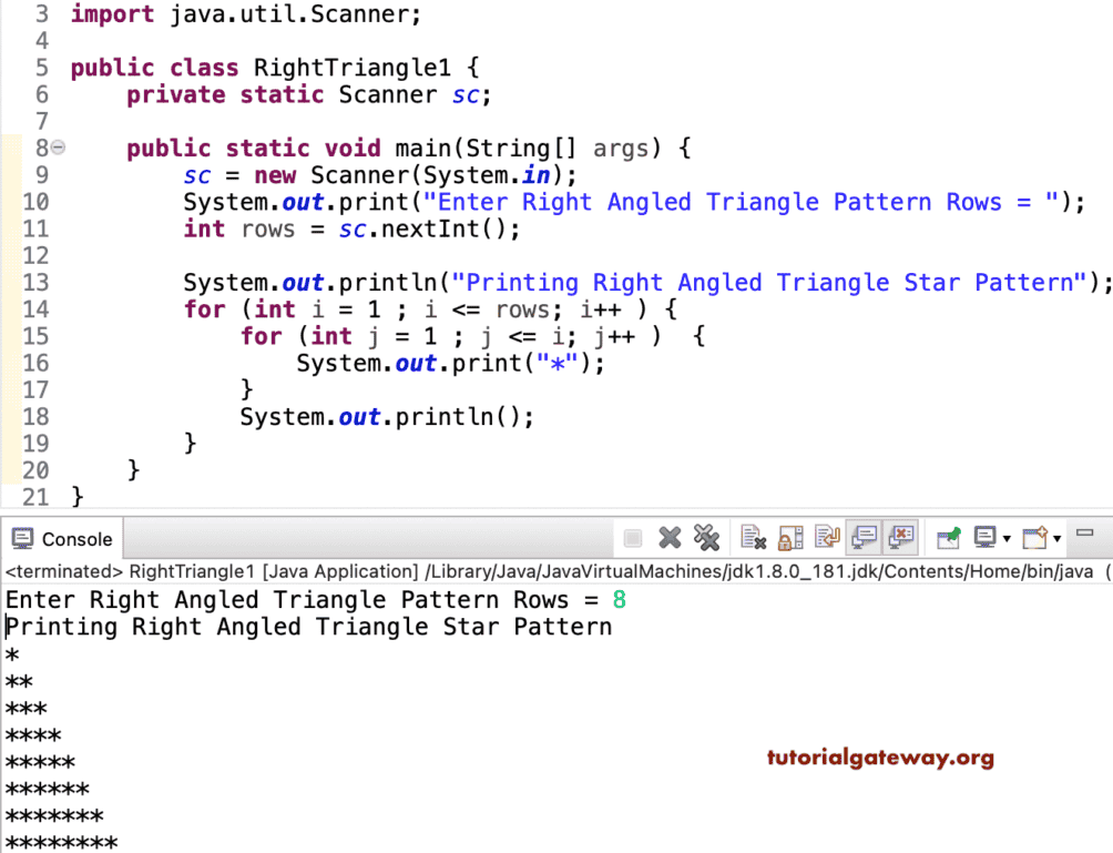 Java Program to Print Right Angled Triangle Star Pattern