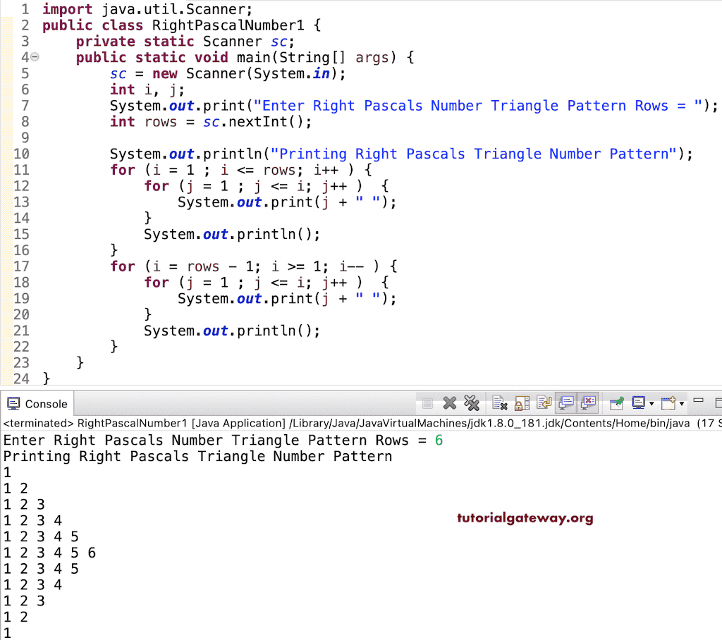 Java Program to Print Right Pascals Number Triangle