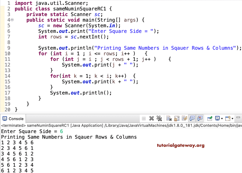 Java Program to Print Same Numbers in Square Rows and Columns