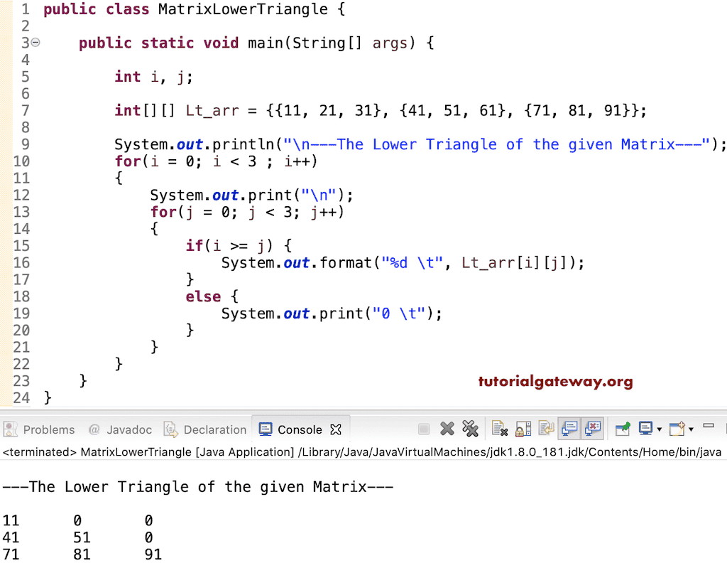 Java Program to display Matrix Lower Triangle