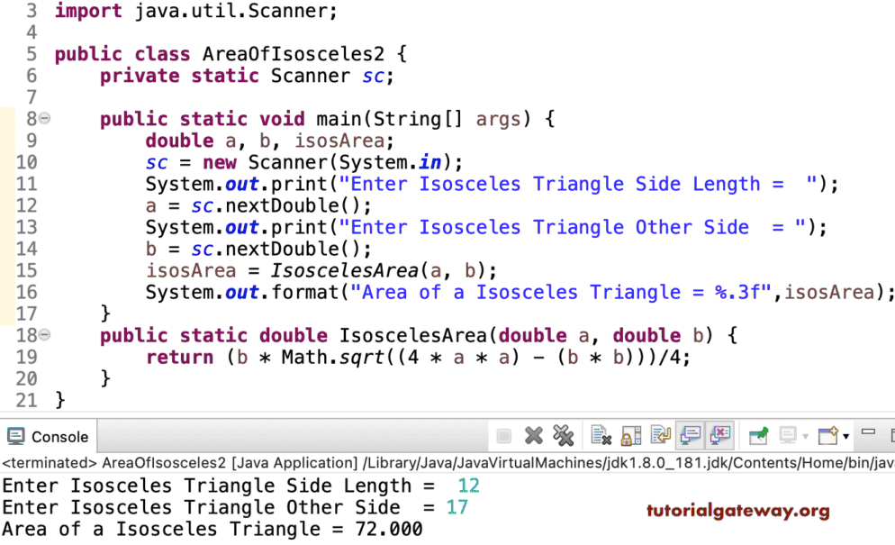 Java Program to find Area of an Isosceles Triangle