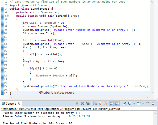 Java Program to find Sum of Even Numbers in an Array