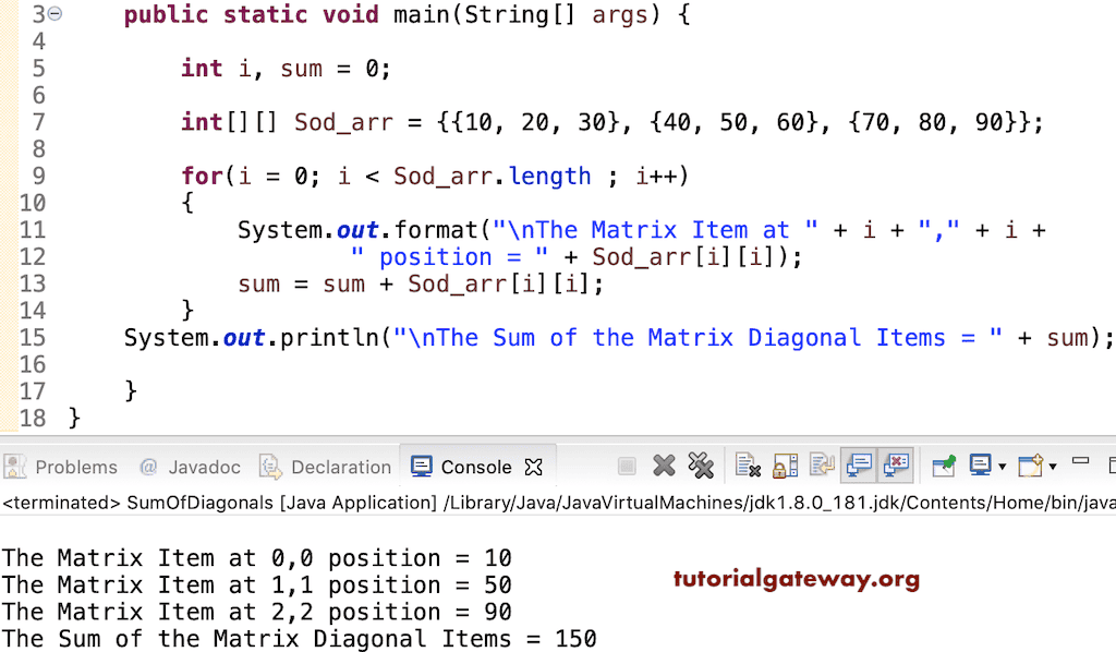 Java Program to find Sum of Matrix Diagonal