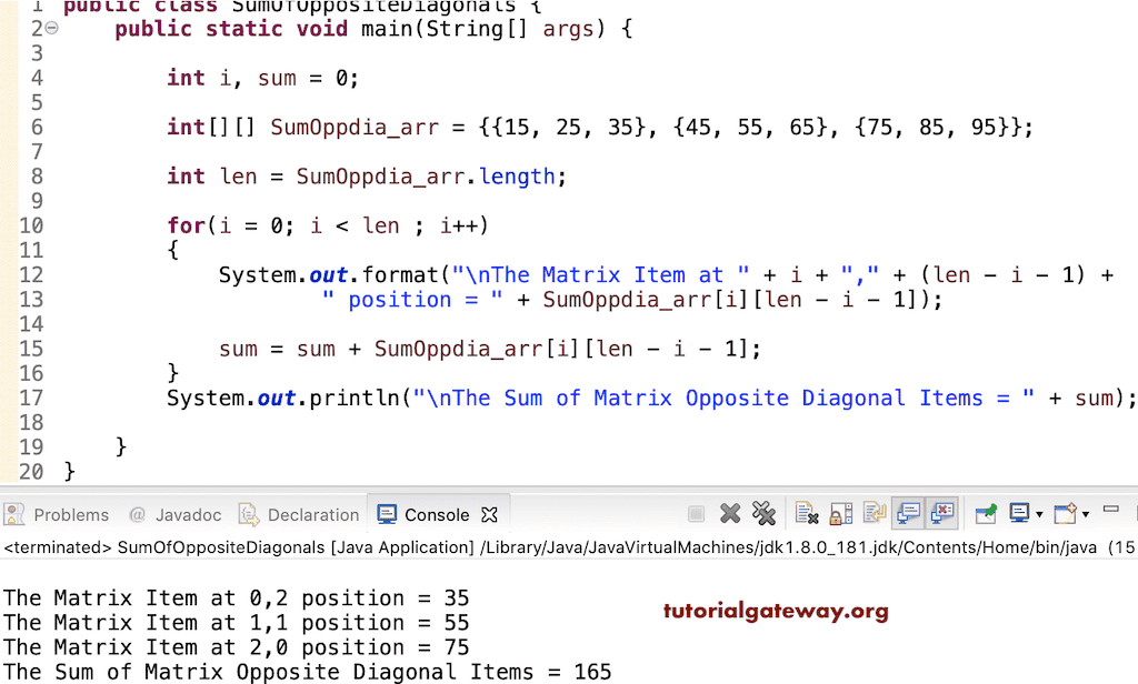 Java Program to find Sum of Matrix Opposite Diagonal Items