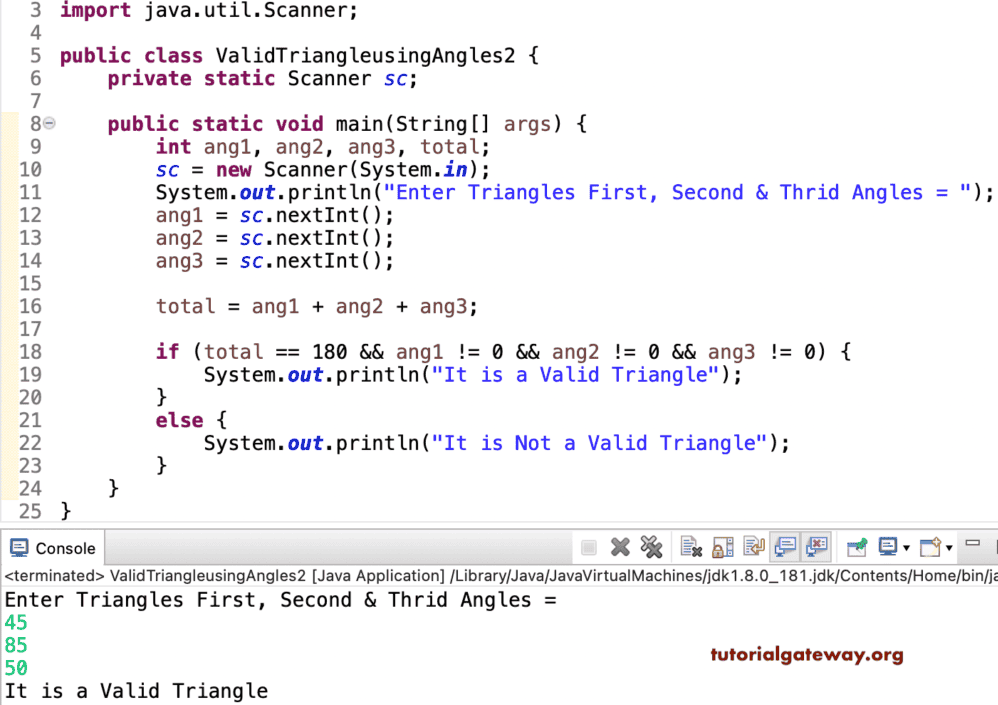 Java Program to find Triangle is Valid using Angles