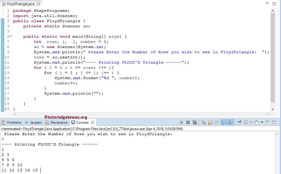 Java Program to Print Floyd’s Triangle