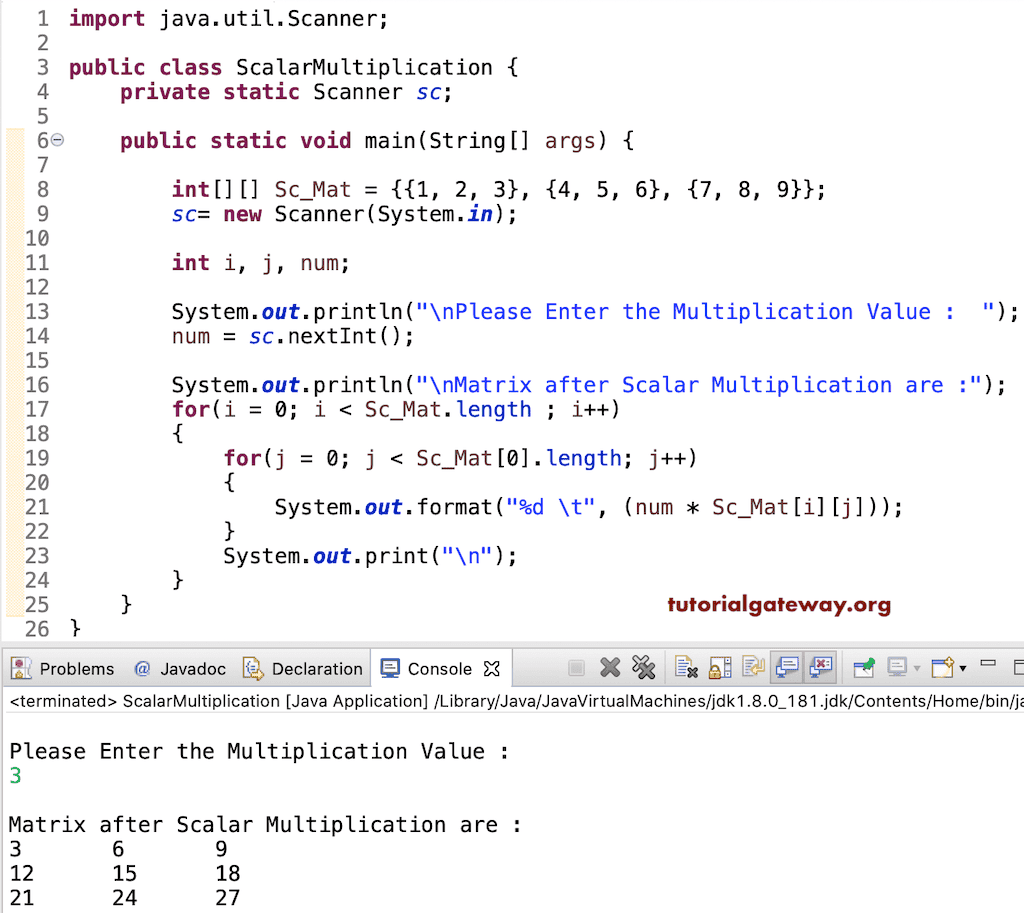 Java Scalar Matrix Multiplication Program