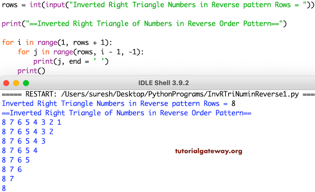 Python Program to Print Inverted Right Triangle Numbers in Reverse