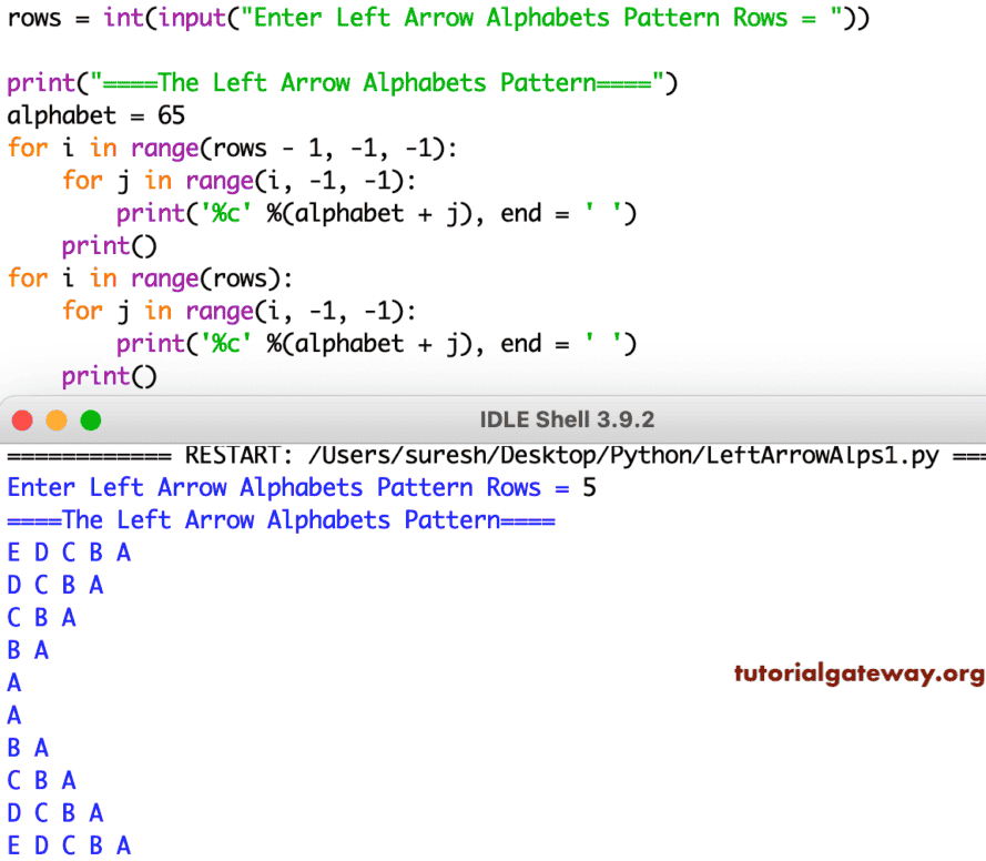 Python Program to Print Left Arrow Alphabets Pattern