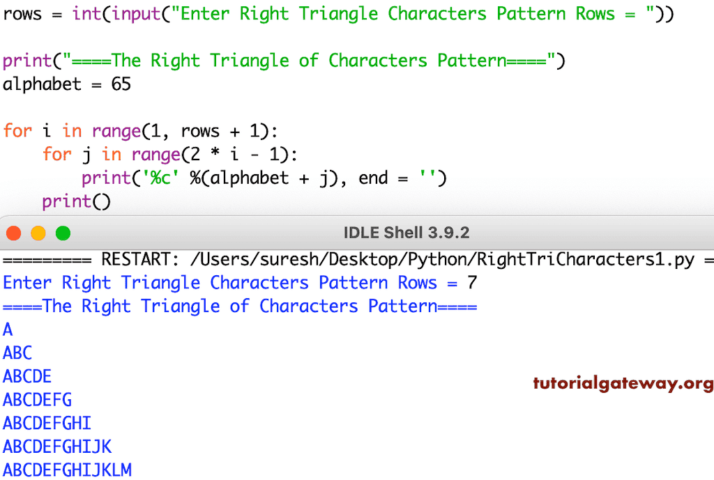 Python Program to Print Right Triangle Character Pattern