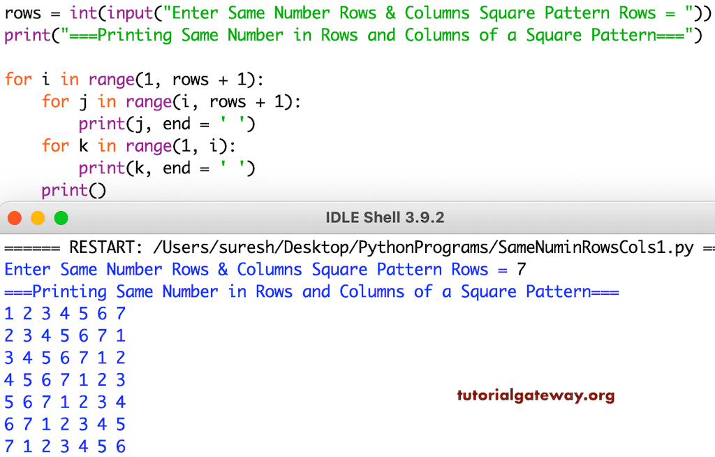 Python Program to Print Same Numbers in Square Rows and Columns