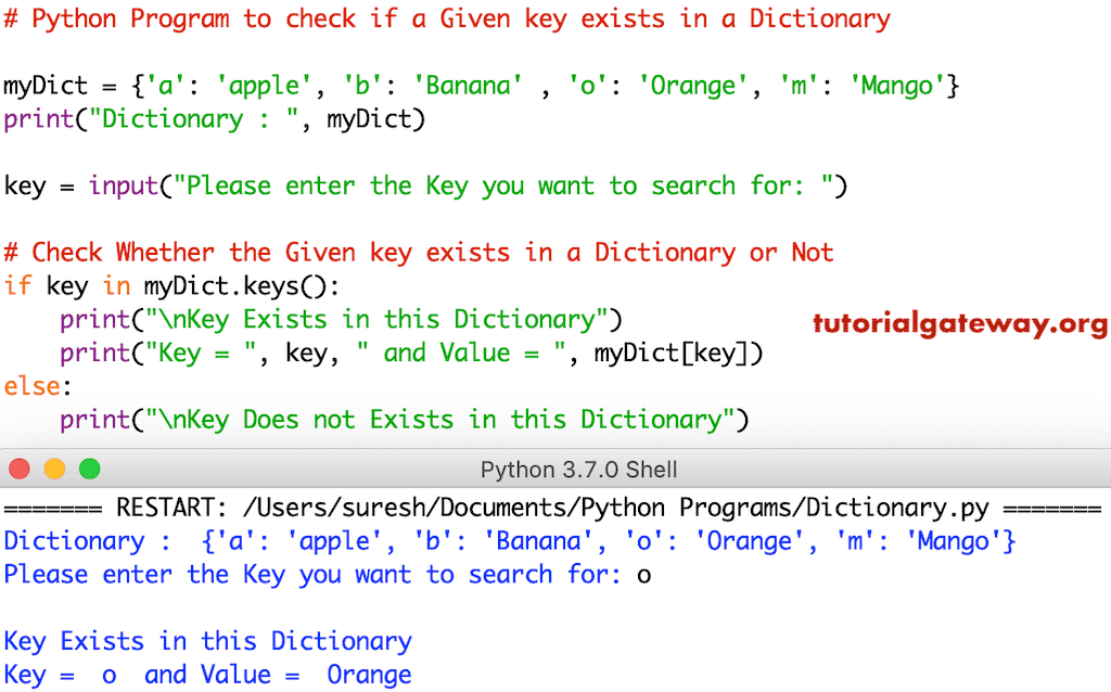Python Program to check if a Given key exists in a Dictionary