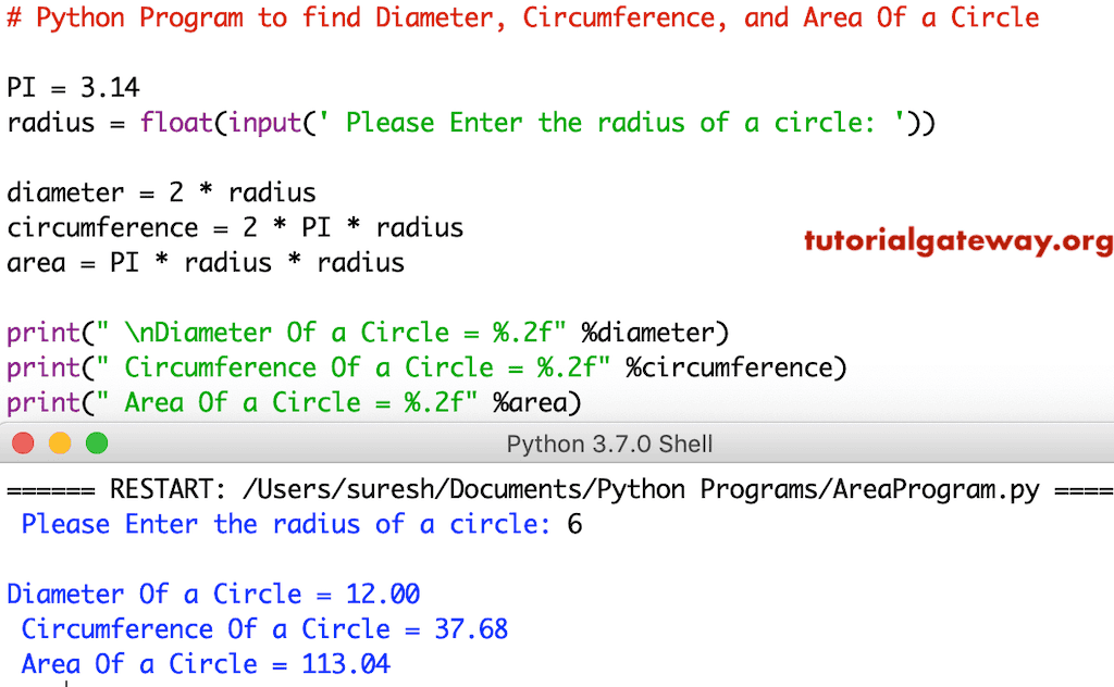 Python Program to find Diameter Circumference and Area Of a Circle